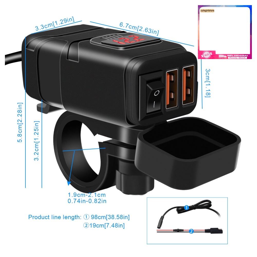Cốc Sạc Nhanh QC3.0 Hai Cổng USB Có Vôn Kế Cho Xe Máy