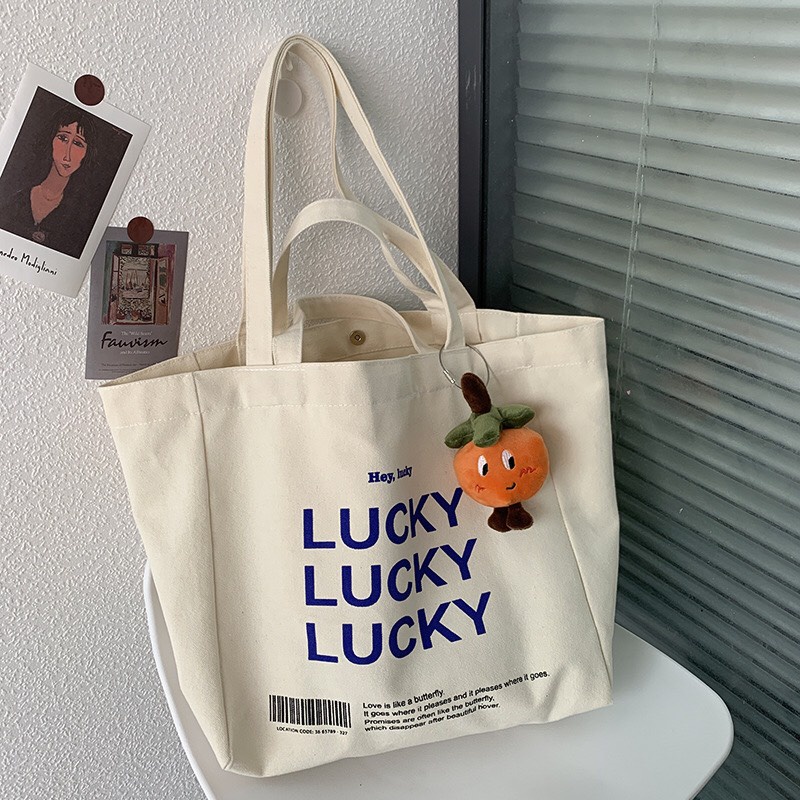 Túi tote vải nữ đeo vai họa tiết chữ LUCKKY phong cách ulzzang