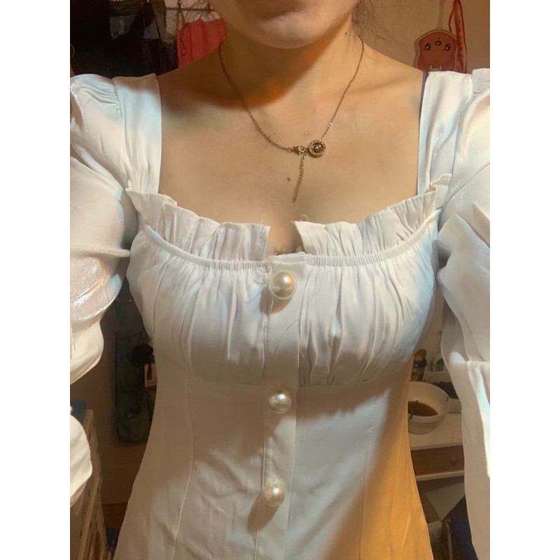 Váy trắng cổ vuông tay dài loe cúc ngọc dáng dài vintage [Ảnh thật 3-9] | BigBuy360 - bigbuy360.vn