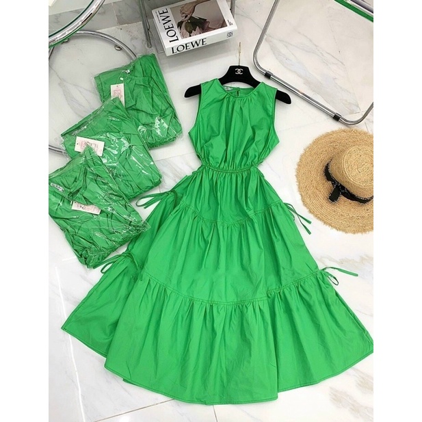 Đầm xoè xanh lá khoét eo,váy dài đi biển xanh lá hot trend,đầm hở eo maxi