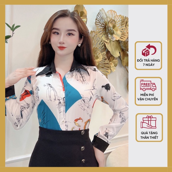 Sơ mi Dàu Tay Nữ Lụa Phối Cổ Màu đen, Hoạ Tiết Đẹp Dáng Basic Eva shop