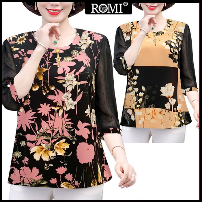 ROMI - Áo Trung Niên Kiểu U50-60 Bigsize Dành Tặng Mẹ Dạng Áo Sơ Mi Xếp Ly Tay Loe Cổ Nhún Bèo Cột Nơ 3A22 3A21