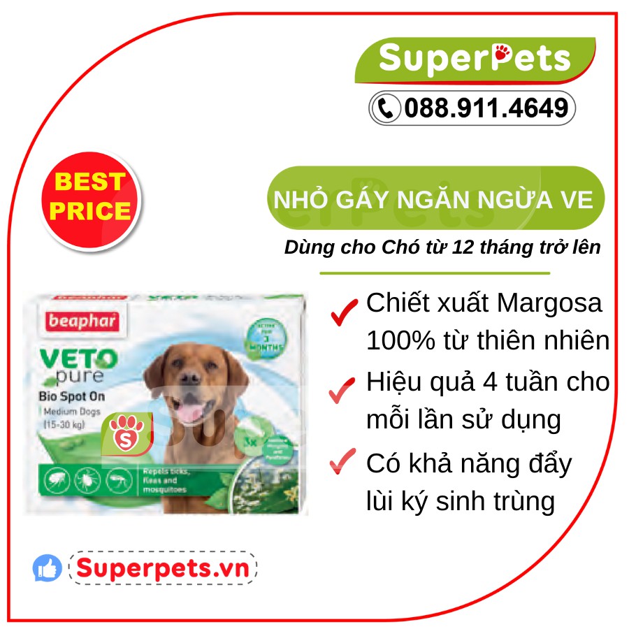 Nhỏ Gáy Ngăn Ngừa Ve Cho Chó Con Chó Lớn BEAPHAR VETOPURE FLEA&amp;TICK SPOT ON BIO GREEN SUPERPETS VIỆT NAM
