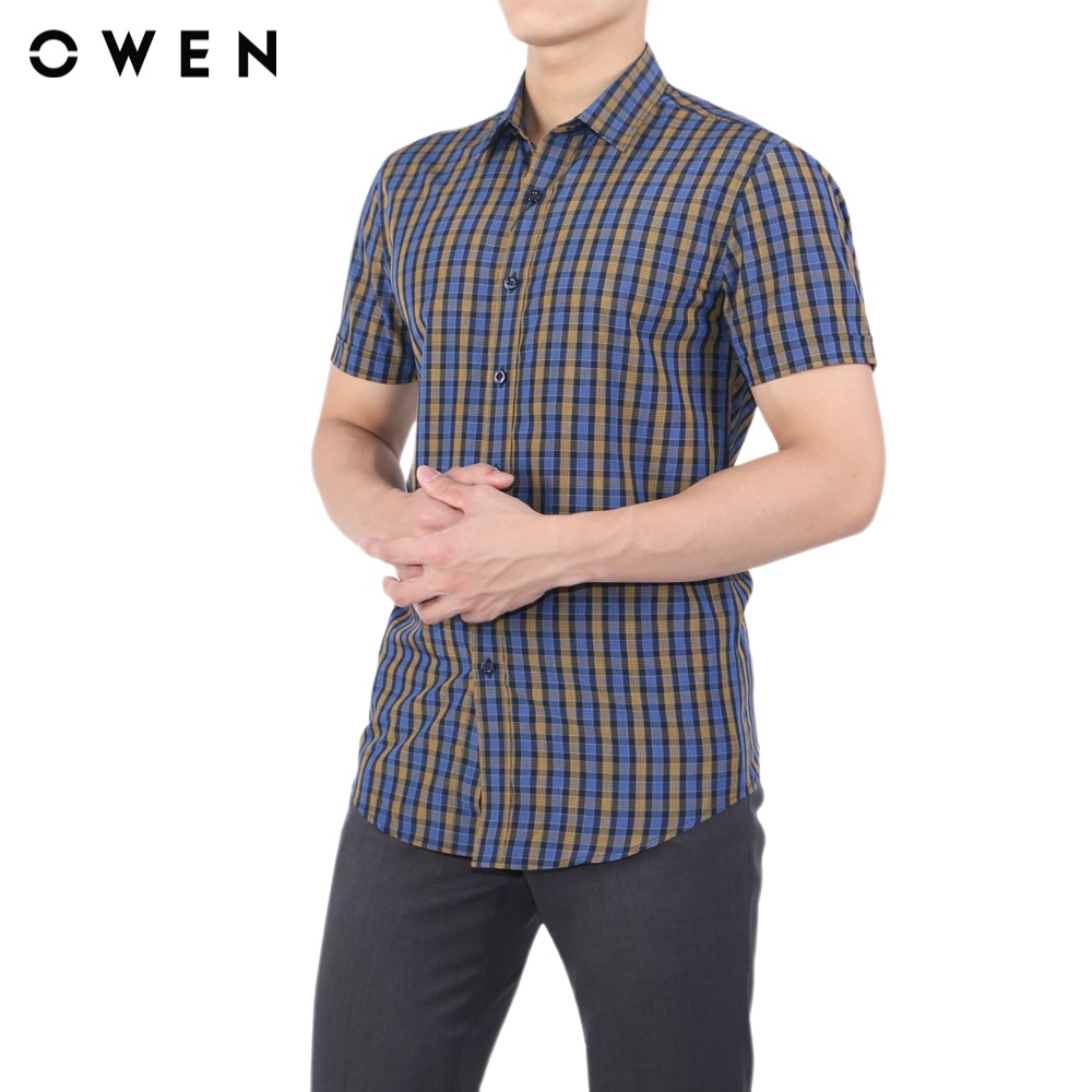 Áo sơ mi ngắn tay Nam Owen Bamboo Slim Fit Navy vàng - AS23206N