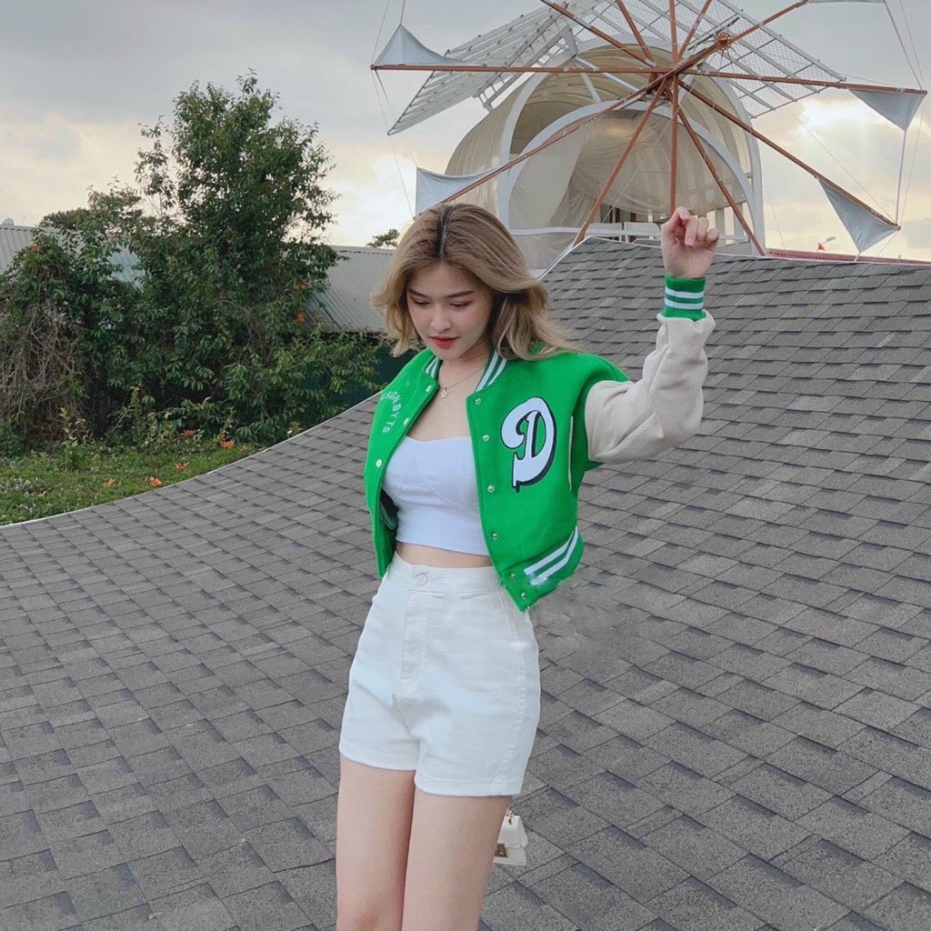 Áo khoác bomber croptop nữ dáng lửng , Phối tay trắng rộng bấm cúc sexy hàn quốc siêu xinh