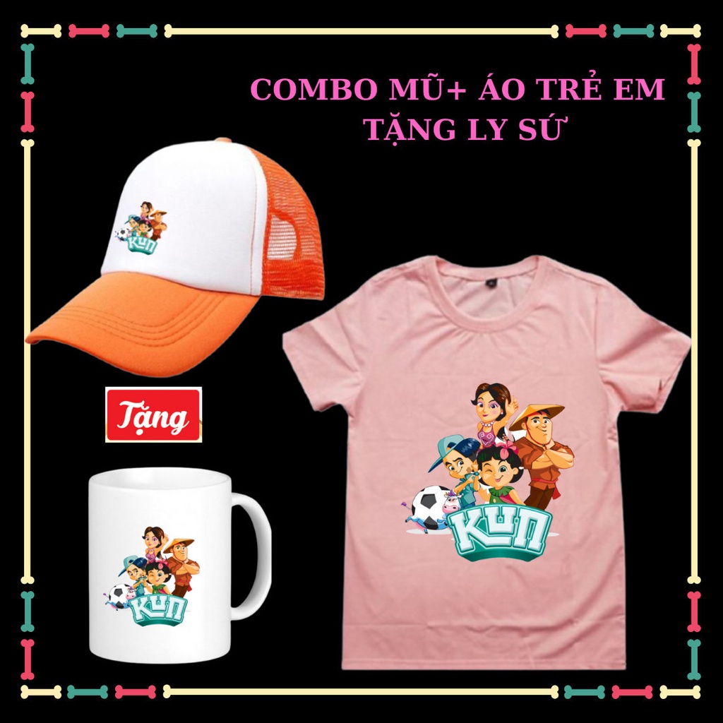 COMBO Mũ lưỡi trai Kun+Áo sữa Kun Áo Gia đình nông trại siêu phàm cho trẻ em-Có size áo người lớn-Tặng Ly sứ Kun cho bé