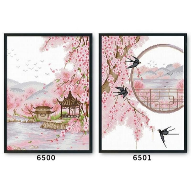 Tranh thêu chữ thập phong cảnh hoa anh đào 50*63cm chỉ lụa chỉ cotton