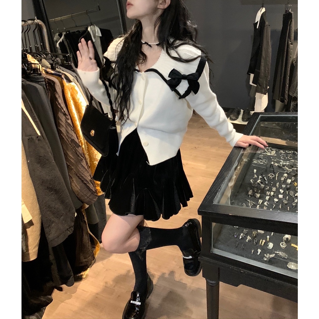 Áo Sweater Dệt Kim Dày Dặn + Chân Váy Bồng Bềnh Phong Cách Retro Phương Tây