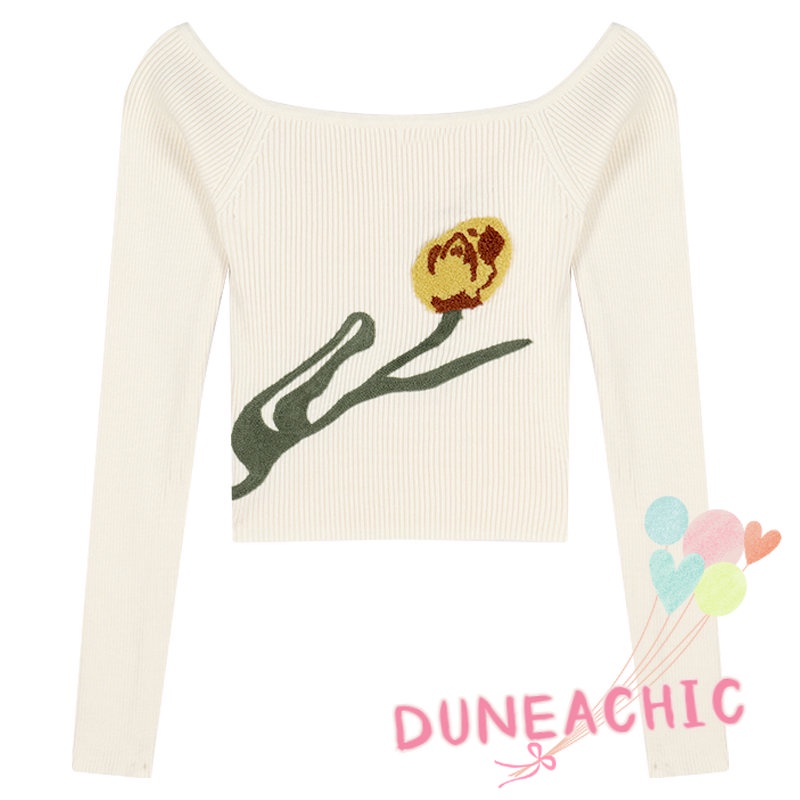 DUNEA Áo Croptop Dệt Kim Tay Dài Trễ Vai Thiết Kế Quyến Rũ Cho Nữ