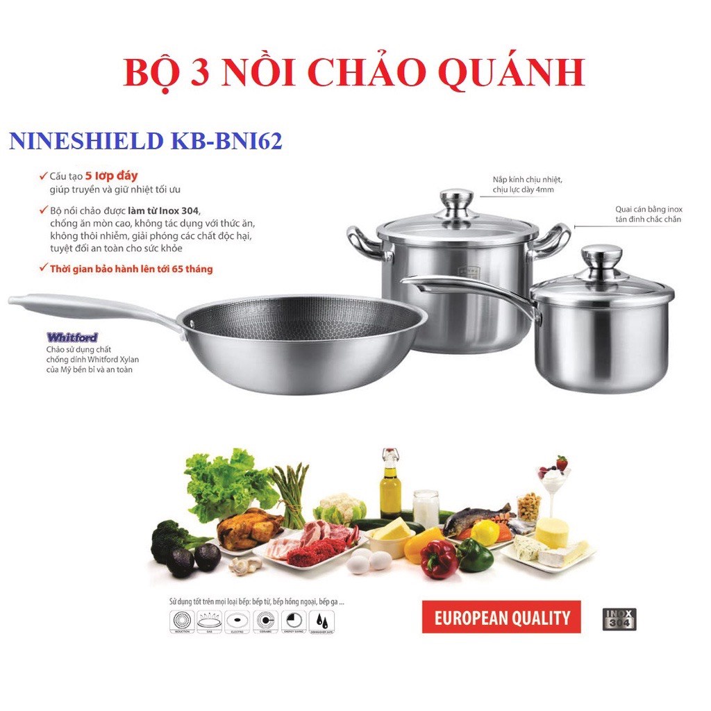 BỘ NỒI INOX 3 MÓN CAO CẤP NINESHIELD KB- BNI62 HÀNG CHÍNH HÃNG SANG TRỌNG