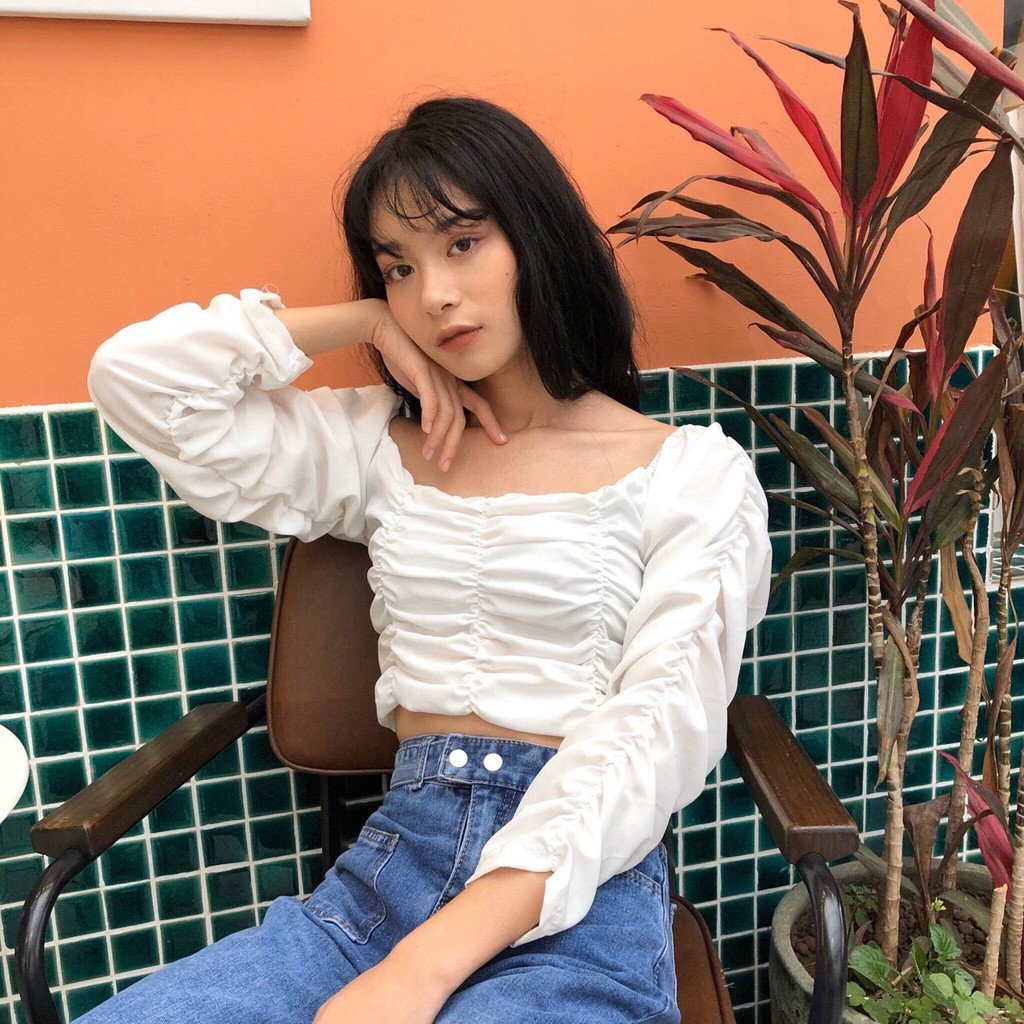 (hàng QC) ÁO TRẮNG DÀI TAY DÚM BÈO THÂN CHUN LƯNG - ÁO BÁNH BÈO MẶC 2 KIỂU TRỄ VAI CỔ VUÔNG DÚM LƯNG