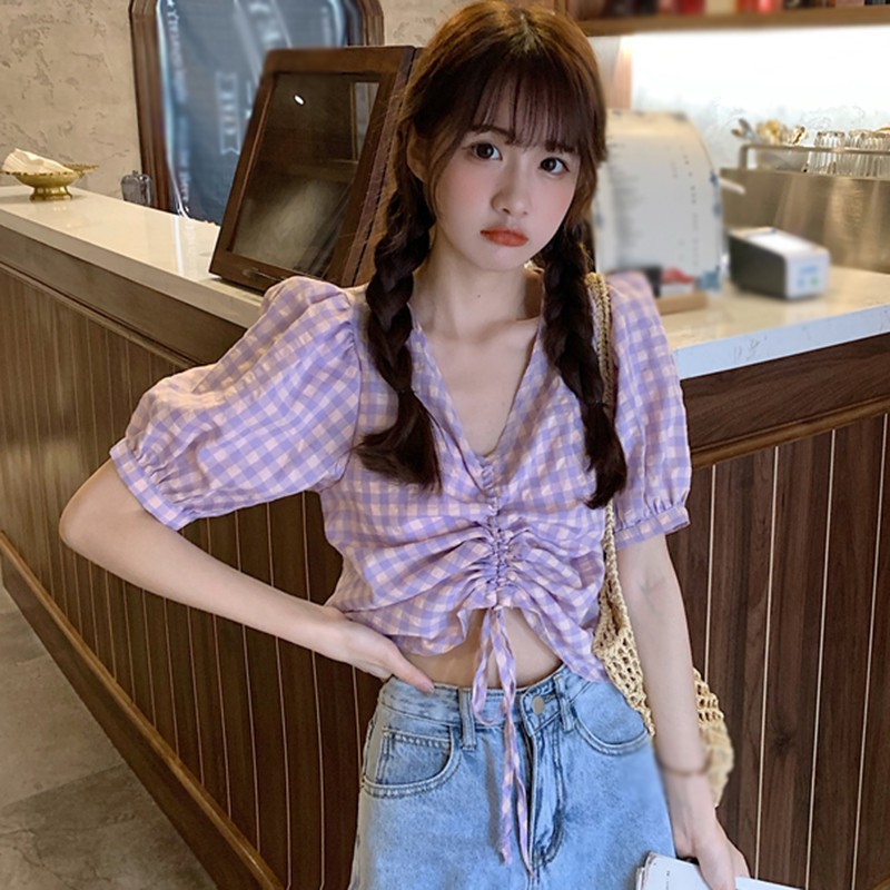 Áo sơ mi tay phồng cổ chữ V họa tiết sọc caro thời trang cho nữ