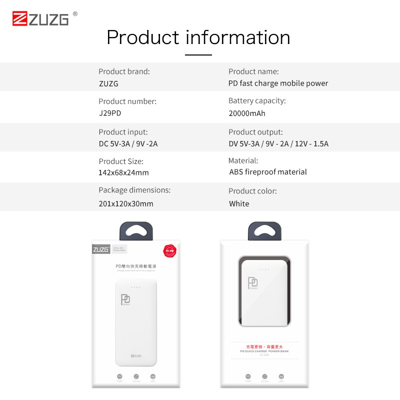 Pin dự phòng 20000mAh 18W J29PD Chính hãng ZUZGVN