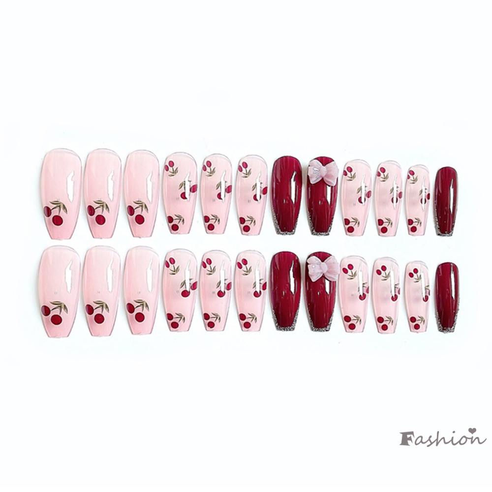 Bộ 24 Móng Tay Giả Màu Đỏ Cherry Thời Trang Cho Nữ