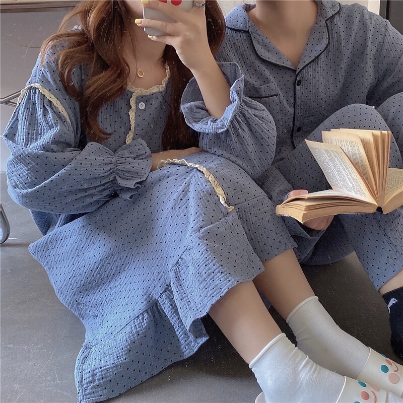 ORDER rẻ nhất shopee SET BỘ PIJAMA ĐÔI NAM NỮ COUPLE / VÁY VIỀN BÈO DÁNG XUÔNG 3 MÀU