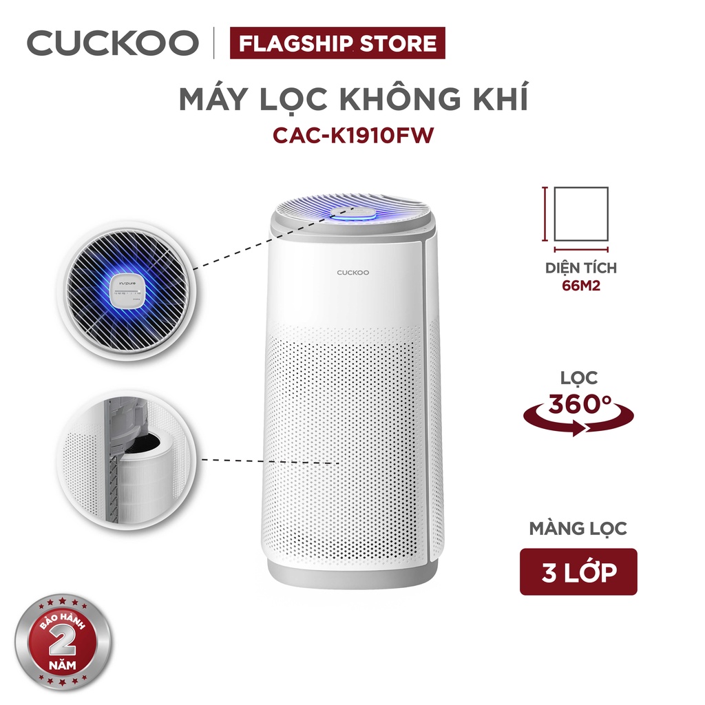 Máy lọc không khí Cuckoo 66m2 CAC-K1910FW - Lọc toàn diện 360 độ - Đèn LED hiển chất lượng không khí - Hàng chính hãng