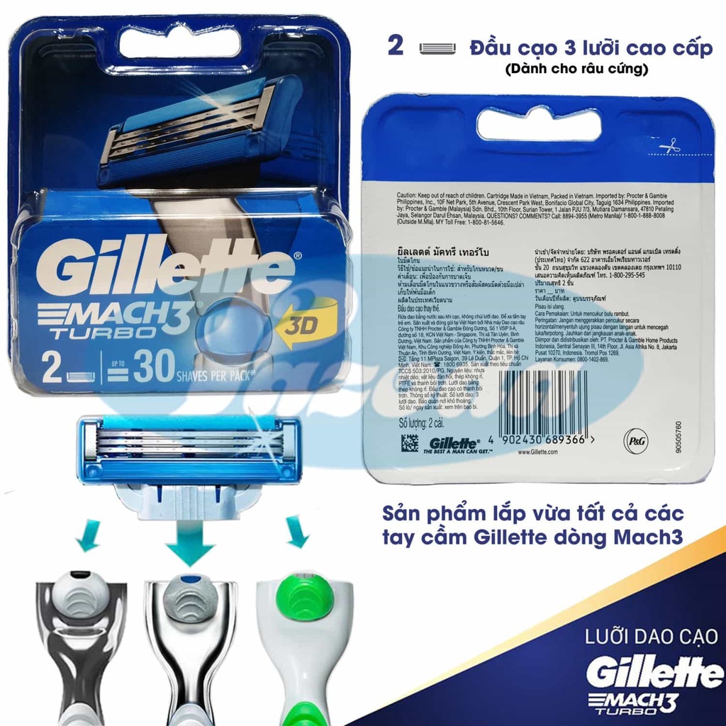 Hộp 2 lưỡi dao cạo râu Gillette Mach 3 Turbo (Đầu cạo 3 lưỡi kép)