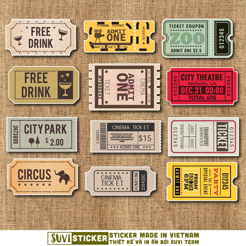 50 Sticker Vintage Ticket chống nước sticker dán mũ bảo hiểm, laptop, điện thoại, đàn guitar, vali. MSP: SV22