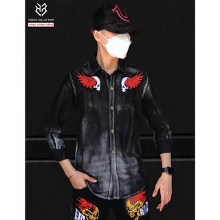 Áo sơ mi tay dài nam THREE COLLECTION was mốc trắng thêu god of death, chất kaki dày dặn chính hãng s2658