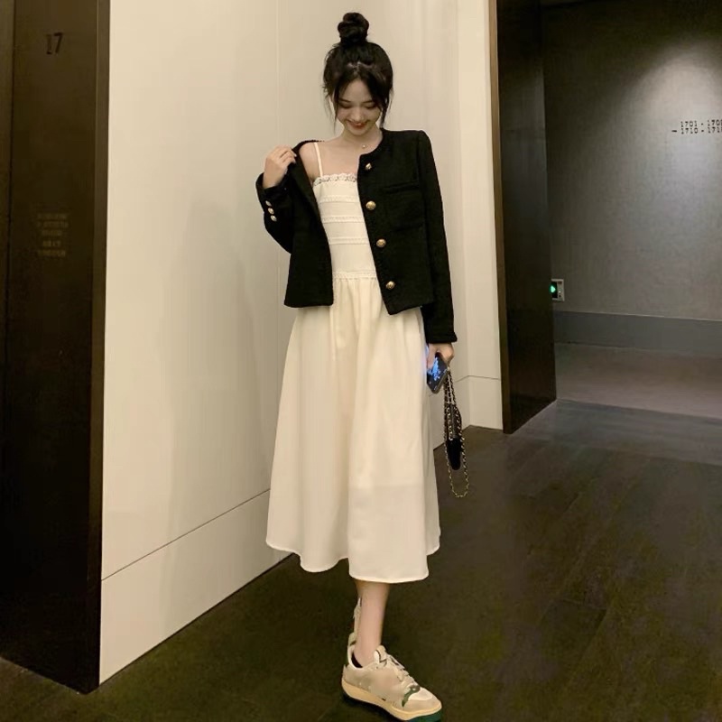 Set váy hai dây khoác dạ tweed sang chảnh