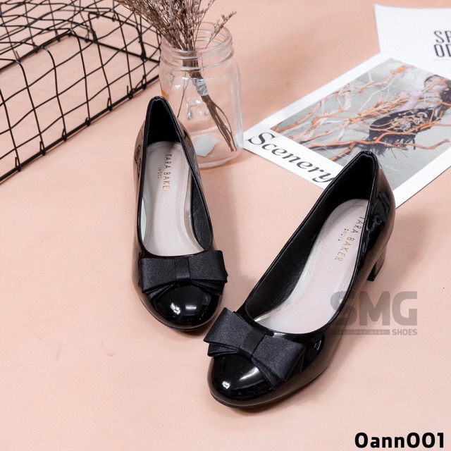 Giày cao gót 3 phân mũi tròn gót vuông Annmodels phối nơ lụa _A893NLUA