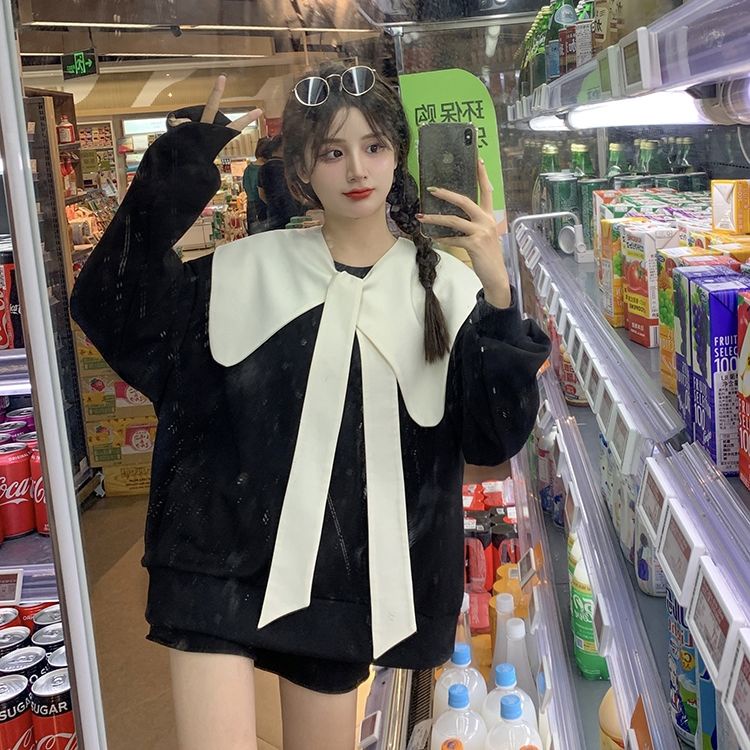 Áo Sweater màu đen đính nơ thời trang mùa thu cho nữ