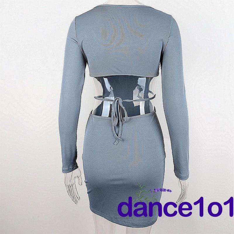 dance1o1-Đầm tay dài cổ chữ v màu trơn thiết kế hở lưng quyến rũ