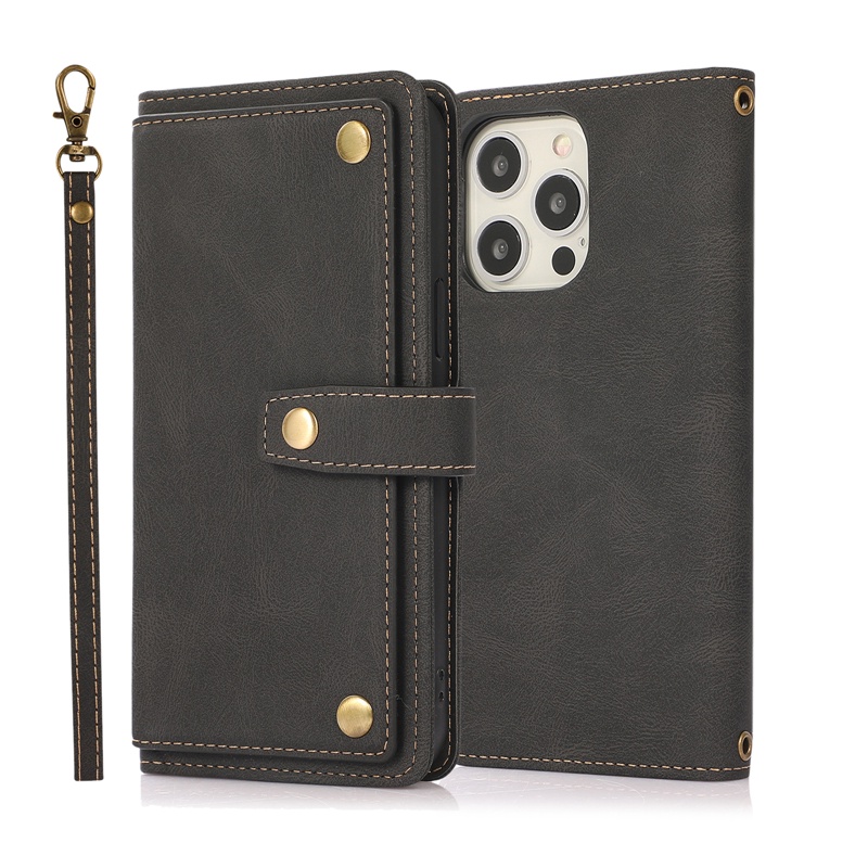 Bao Da Điện Thoại Dạng Ví Nắp Lật Có Nhiều Ngăn Đựng Thẻ Và Dây Đeo Cho IPhone 14 13 12 Mini 11 Pro Max Vỏ