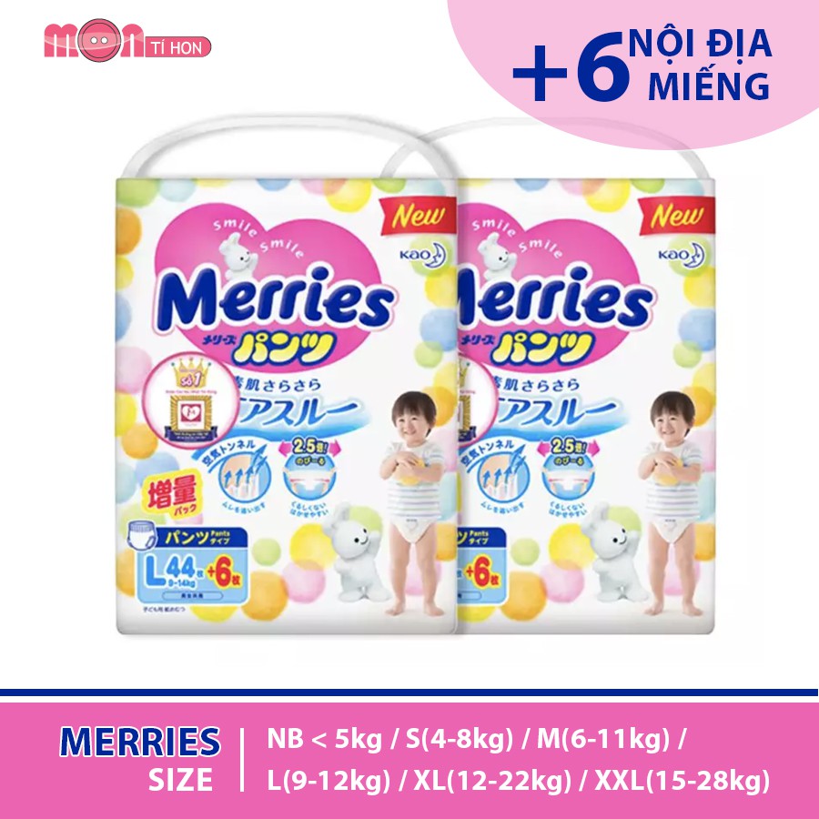 Combo 2 bịch bỉm dán/quần MERRIES cộng miếng nội địa Nhật NB96/S88/M68/L58/M64/L50/XL44/XXL26