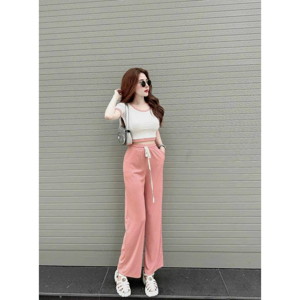 Set bộ thun gân phong cách thể thao, Set áo croptop ôm phối viền mix quần dài ống suông lưng chun có dây cột nơ