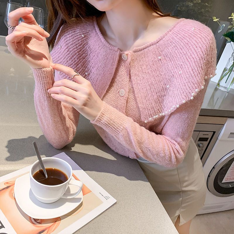 Áo Sweater Dệt Kim Tay Dài Cổ Búp Bê Đính Hạt Dễ Thương Cho Nữ  tao bao
