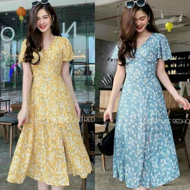 TSL-Ảnh thật Đầm lụa hoa cúc nhí siêu xinh, váy xòe đuôi cá cổ chéo V tay ngắn đi chơi, dạo phố vàng, xanh