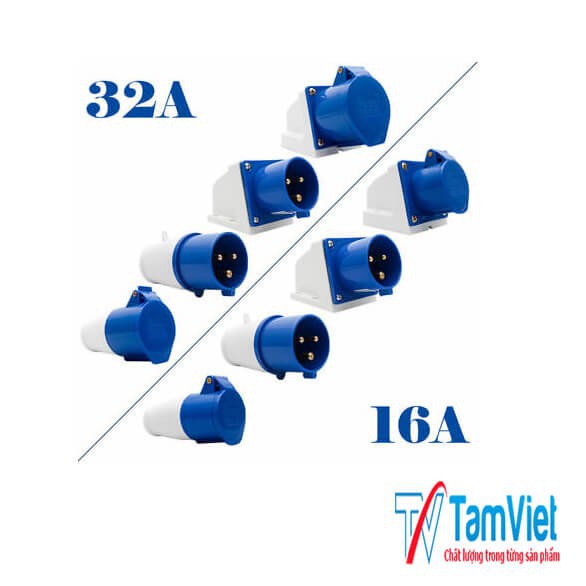 Bộ phích cắm - ổ cắm công nghiệp 3 chấu 32A- 220v TÂM VIỆT ổ cắm cái và phích cắm đực màu xanh