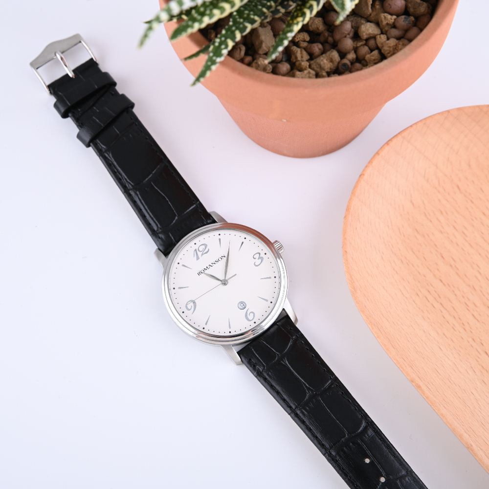 Đồng hồ nam Romanson Men Watch TL4259MWWH mặt mỏng có lịch ngày chống nước, kính chống xước, dây da cao cấp chính hãng