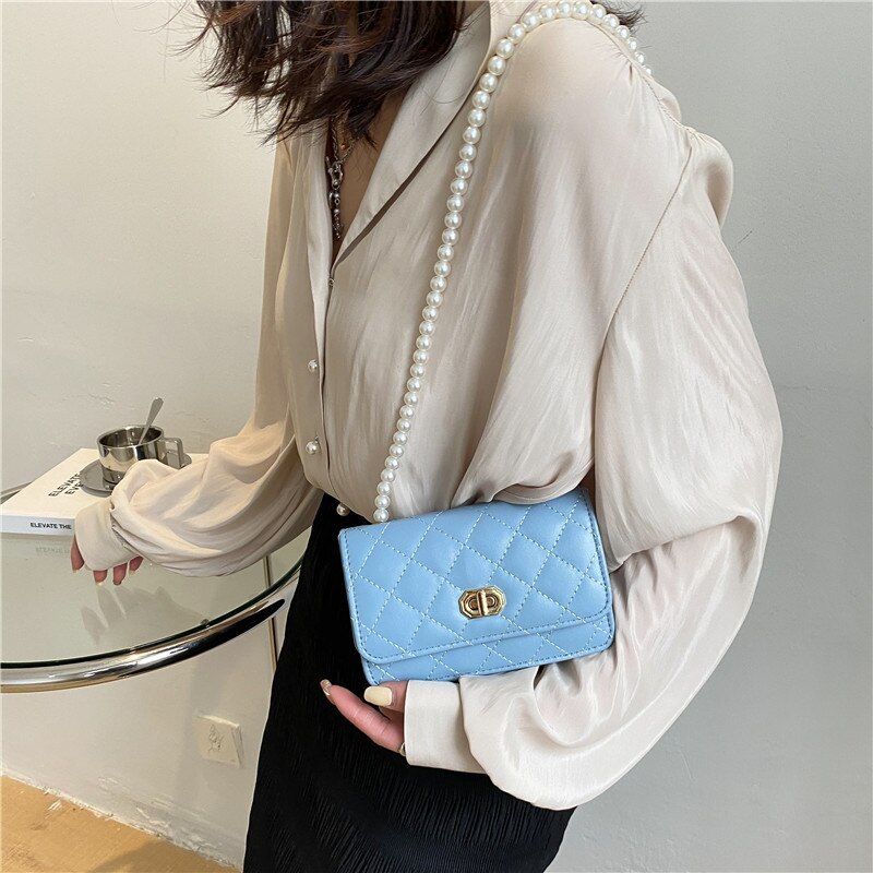 Plaid Quilted Women's Shoulder Bag Fashion Pearl Handbag Small Flap Crossbody Bag