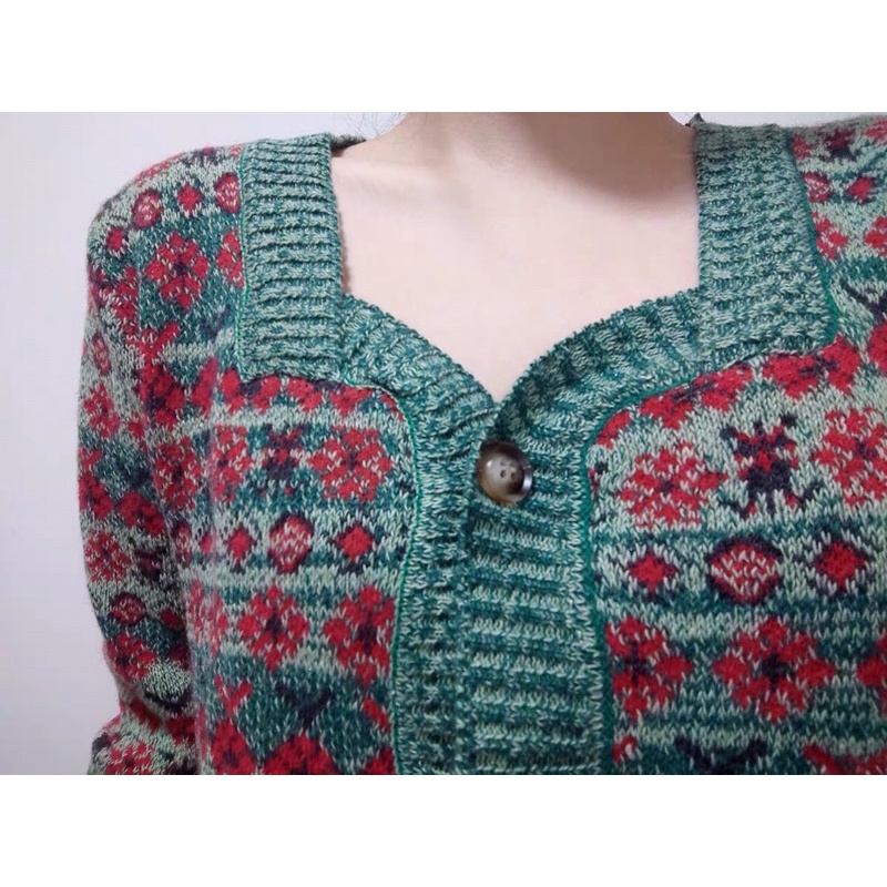 Áo cardigan len thổ cẩm áo len hoạ tiết cổ vuông kiểu dáng vintage cổ điển ( có ảnh thậ