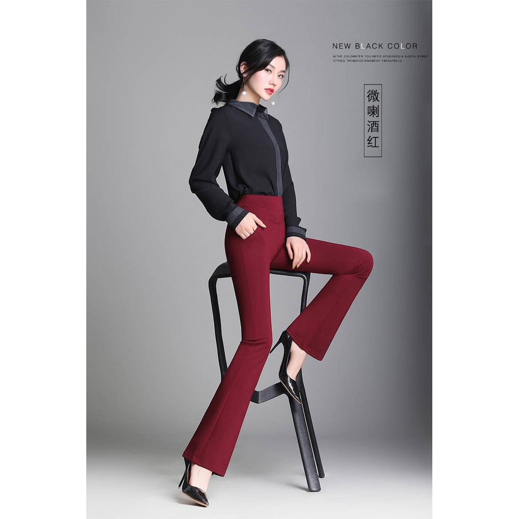 READY STOCK Women Wide Leg Pants High Waist Large Size Stretch Pcoket Bell Bottom Flared Pants
