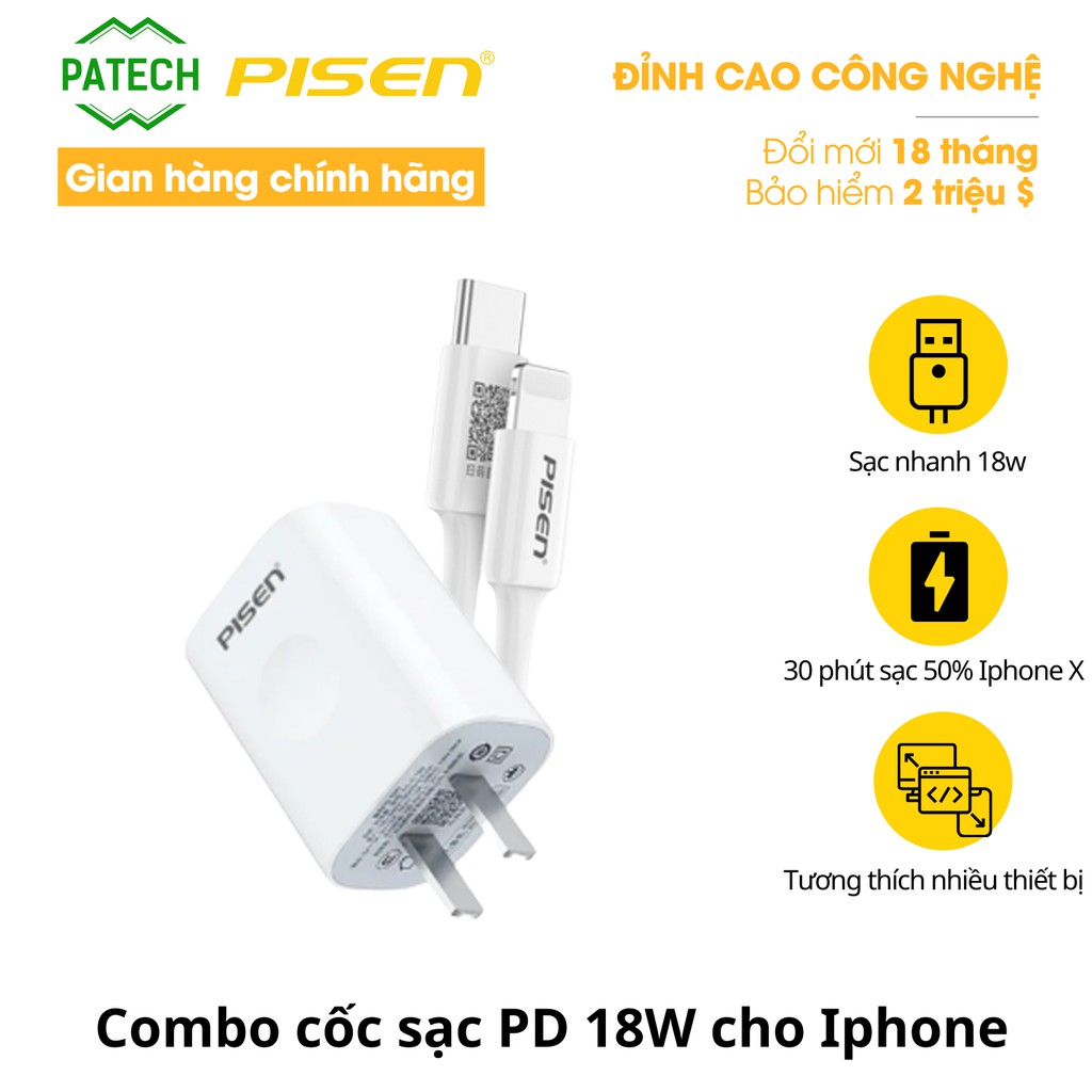 Combo cốc sạc Pisen PD 18W cho iPHONE (Sạc PD 18W + Cáp Lightning & Type-C 3A ) - Hàng chính hãng