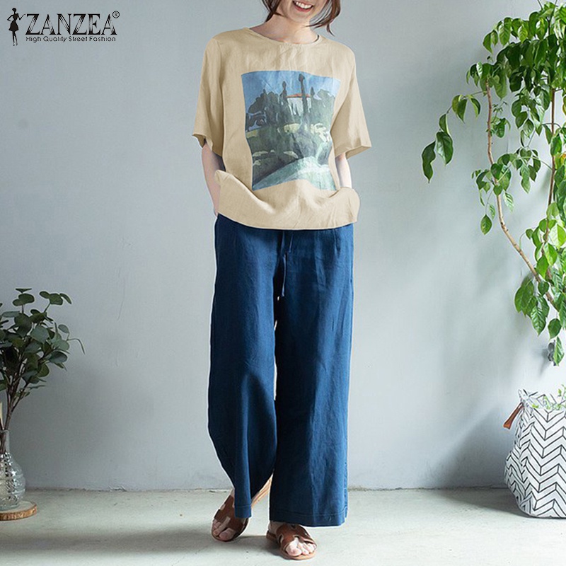 Zanzea Áo Tay Ngắn Cổ Tròn In Họa Tiết Phong Cách Cổ Điển Dành Cho Nữ