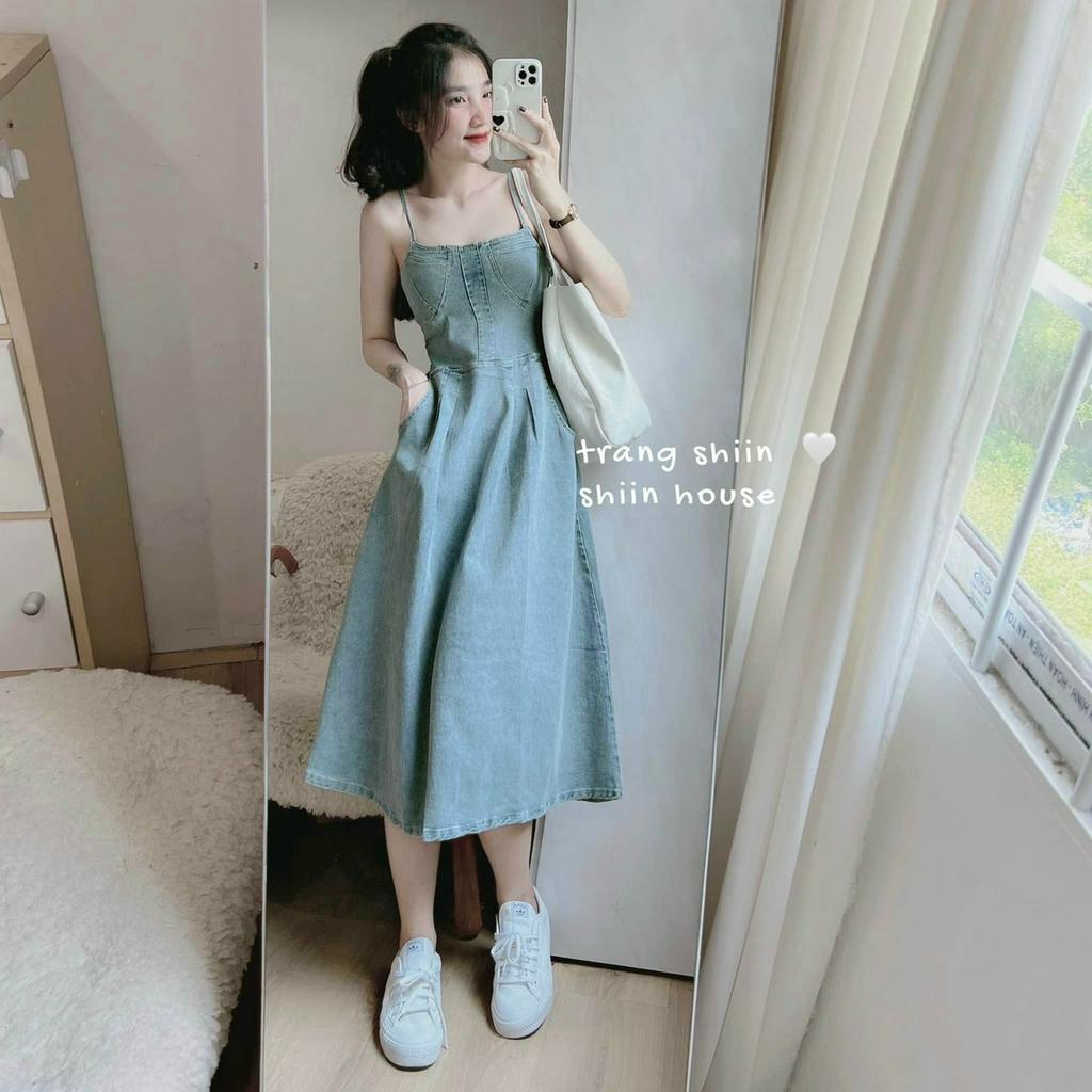 Đầm Jean 2 Dây Dáng Xòe Sành Điệu Nữ Tính,Đầm Midi Ôm Eo Tôn Dáng Dự Tiệc Đi Chơi Sang Chảnh
