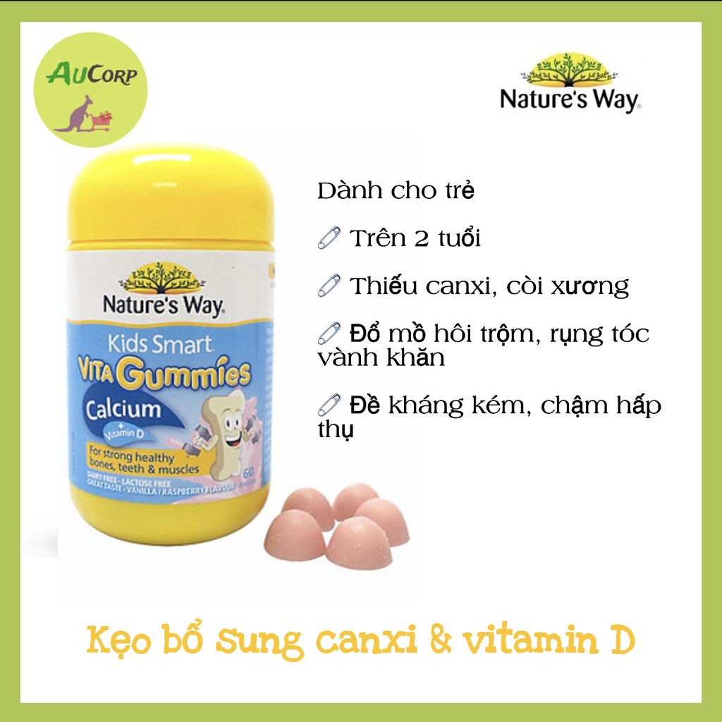 Kẹo dẻo Nature's Way Kids Smart VITA Gummies Calcium + Vitamin D - ÚC - 60 viên - Bổ sung Canxi và vitamin D cho trẻ