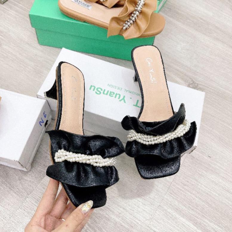 MLo(ẢNH THẬT) Guốc 5p Quai Nhún Bèo Phối Ngọc Da Mềm Êm Fullbox Cao Cấp