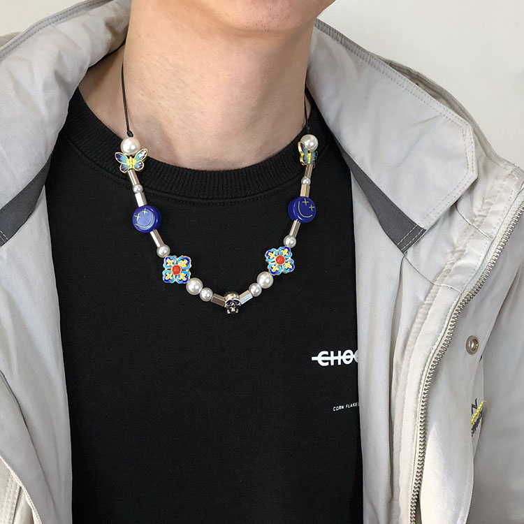 vòng cổ Mặt Đầu Lâu Đính Ngọc Trai Phong Cách Hip Hop