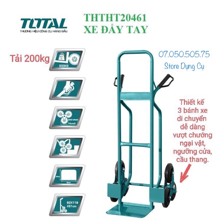 Xe đẩy hàng bằng tay TOTAL THTHT20461 tải tối đa 200kg, thiết kế 3 bánh di chuyển dễ dàng nhiều địa hình