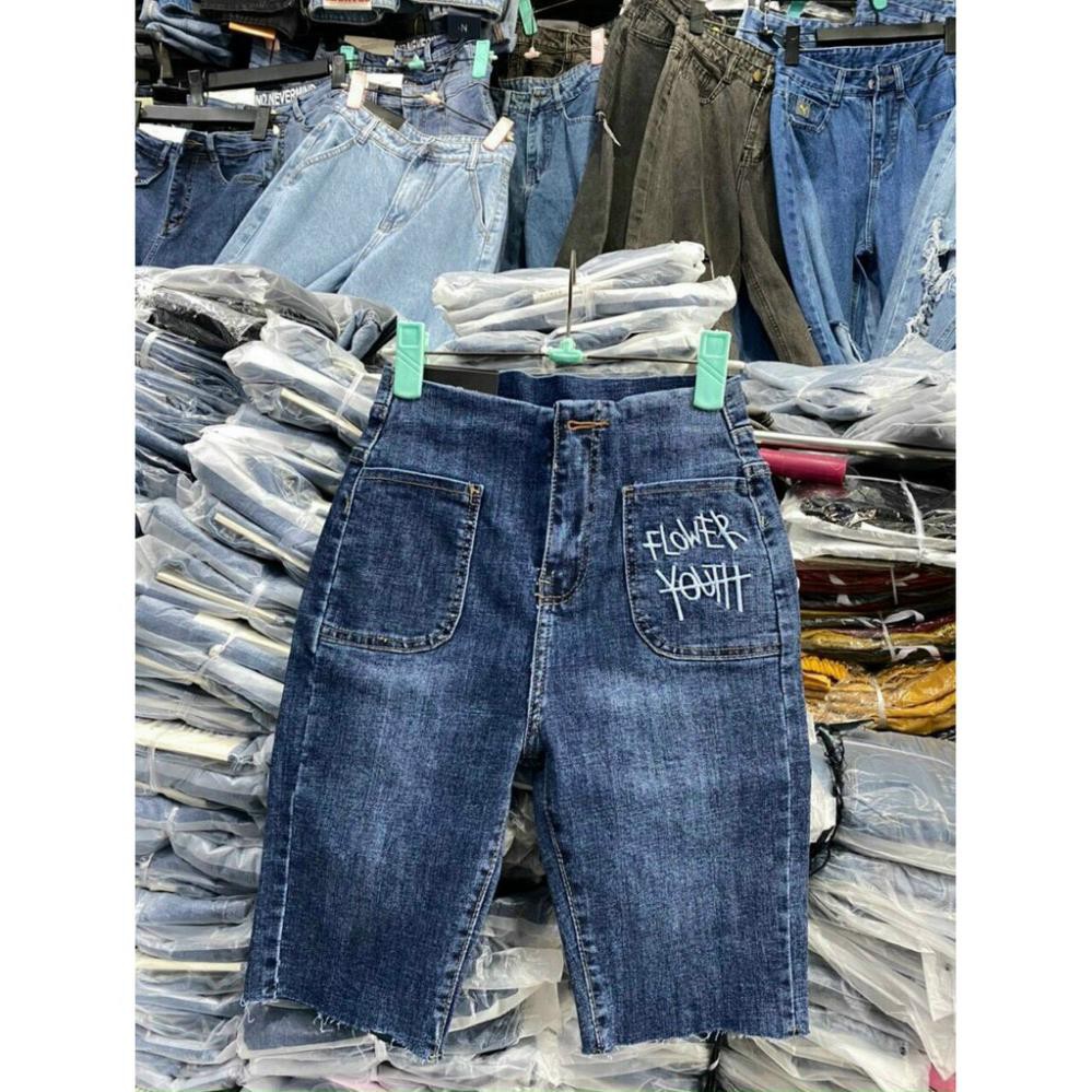 [ FREESHIP ] QUẦN SKINNY JEAN NGỐ LỬNG NỮ MÀU XANH THÊU CHỮ FLOWER 2 TÚI TRƯỚC CHẤT BÒ XỊN GIÃN THOẢI MÁI ĐỦ SIZE ་