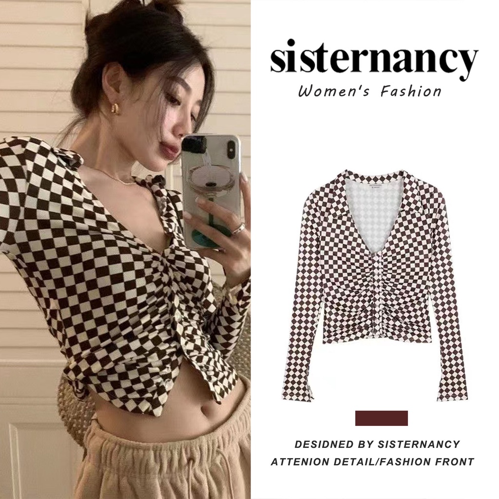 Áo Thun COZOK Croptop Tay Dài Cổ Chữ V Quyến Rũ