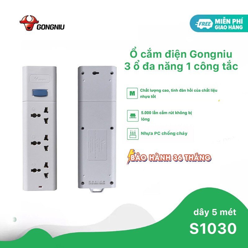 Ổ Cắm Chống Sét Gongniu 3 Ổ Đa Năng 1 Công Tắc 2500W – Trắng - Chính hãng - S1030