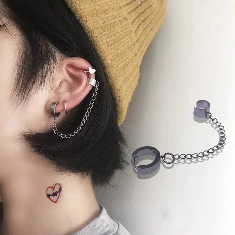 Khuyên Tai Dạng Dây Xích Bằng Thép Không Gỉ Màu Bạc Thời Trang Phong Cách Punk Unisex