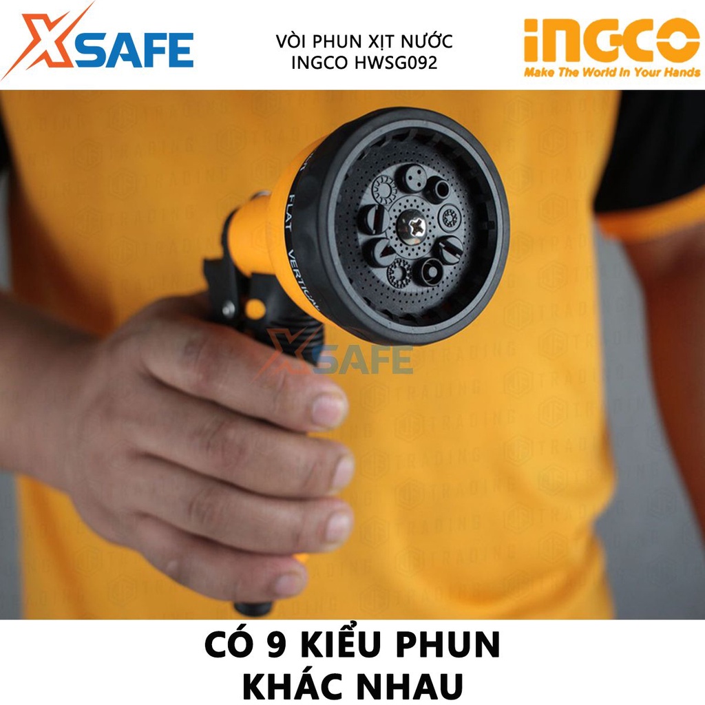 Vòi phun xịt nước INGCO HWSG092 Vòi xịt đa năng nhựa ABS, 9 kiểu phun nước, độ bền cao tưới vườn, rửa xe - Chính hãng