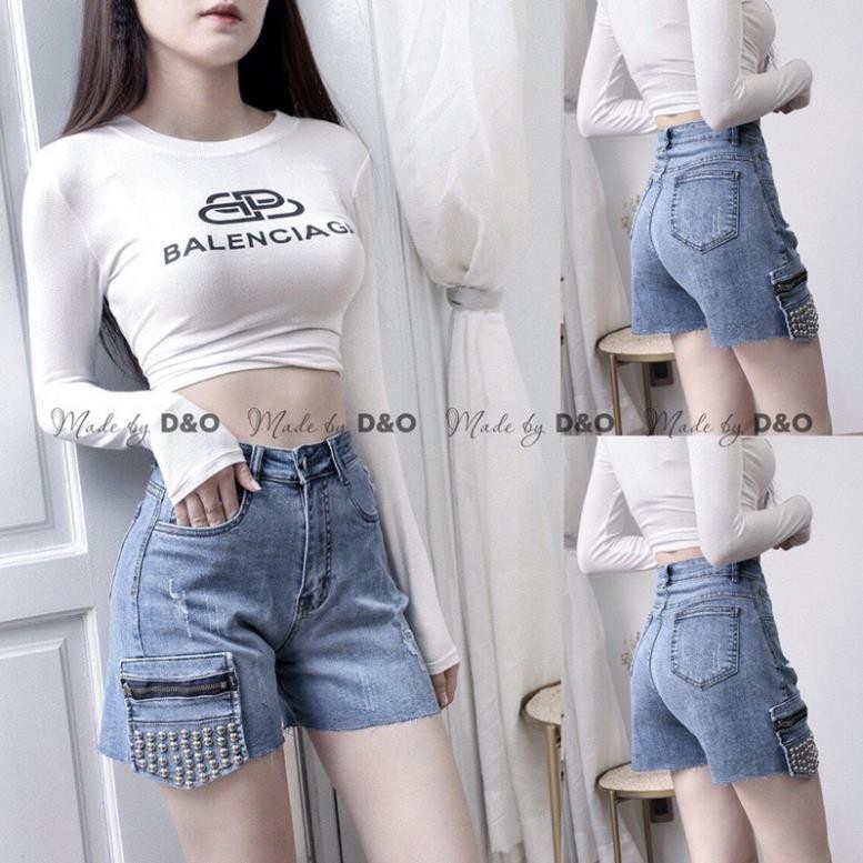 [Size 32-36] Quần Đùi Bò Cạp Cao - Quần Short Lưng Cao Trên Rốn Phối Túi Đinh Xanh Đá Nhạt ་